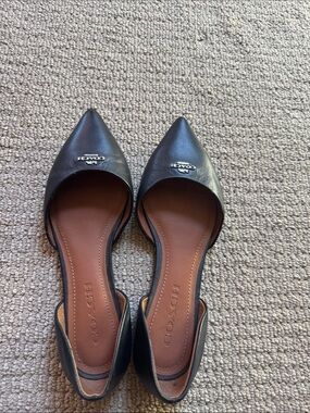 Coach Black Leather Pointed D'Orsay Flats with Logo Accent